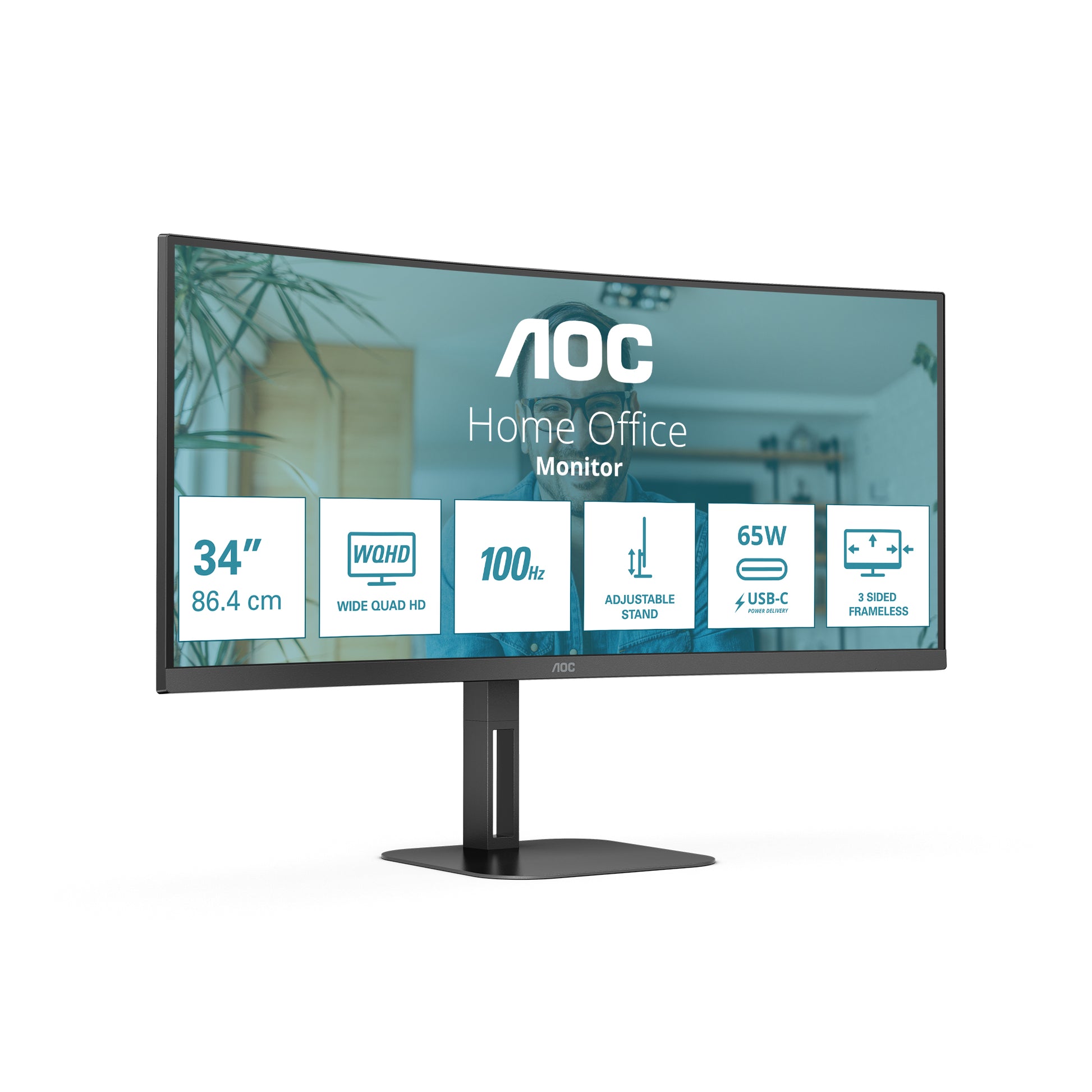 AOC CU34V5C/BK – Monitor, 34", USB-C, Lautsprecher, USB-Hub, FreeSync, Curved, VESA 100 × 100, Schwarz