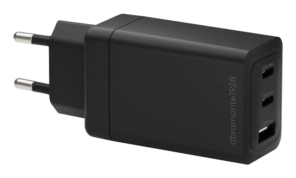 dbramante1928 CI65EUBL7229 USB-Ladegerät 65 W – USB-C×2, USB-A×1 – für Laptop, Smartphone, Tablets – schwarz