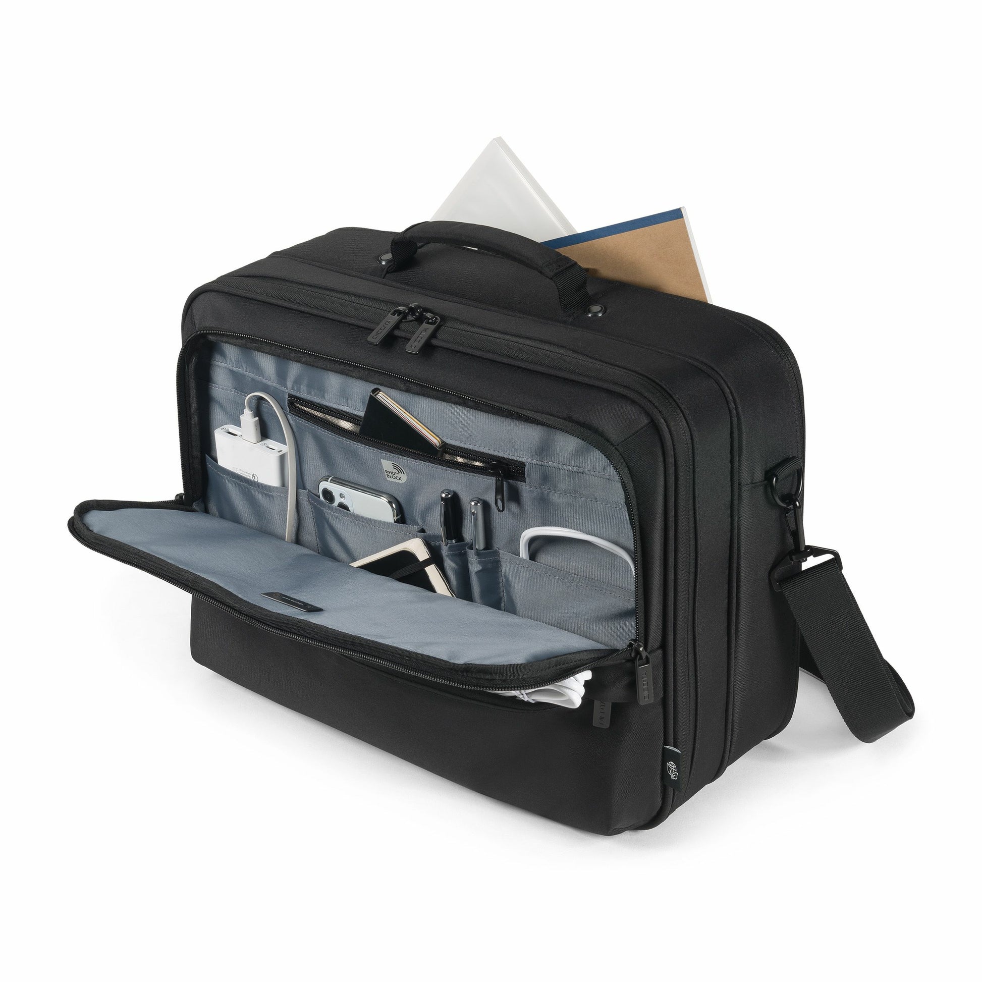 DICOTA Notebook-Tasche für bis 16" – wasserabweisend, Trolley-Haltegurt – Schwarz