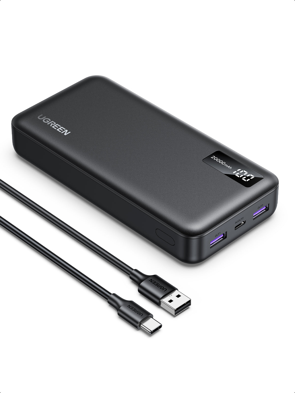 Ugreen Powerbank 20000 mAh, PD 22,5 W, 1× USB-C, 2× USB-A, mit Display, für Smartphones, Schwarz