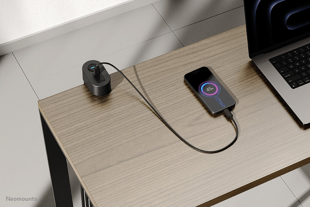 Neomounts DS22-840BL6 – Tisch-Steckdose mit Klemme, 3× 230 V, 2× USB-A + 2× USB-C (PD), 1,4 m, Schwarz