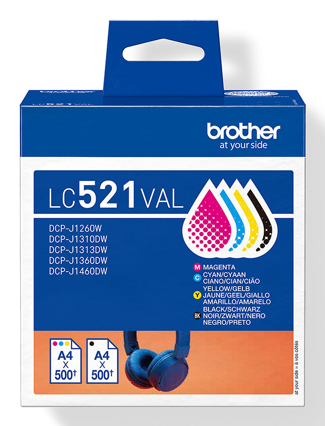 Brother LC521VAL Tintenpatronen-Multipack, Schwarz/Cyan/Magenta/Gelb (Original) – für DCP-J1260W/1310DW …