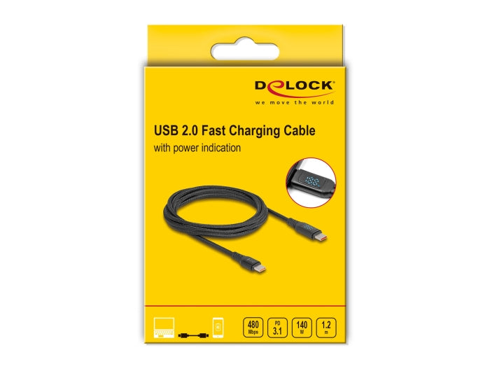 DeLOCK USB-C auf USB-C Kabel – USB 2.0 (480 Mbit/s) – 1,2 m – PD 140 W – Textilmantel, LED-Display – Schwarz
