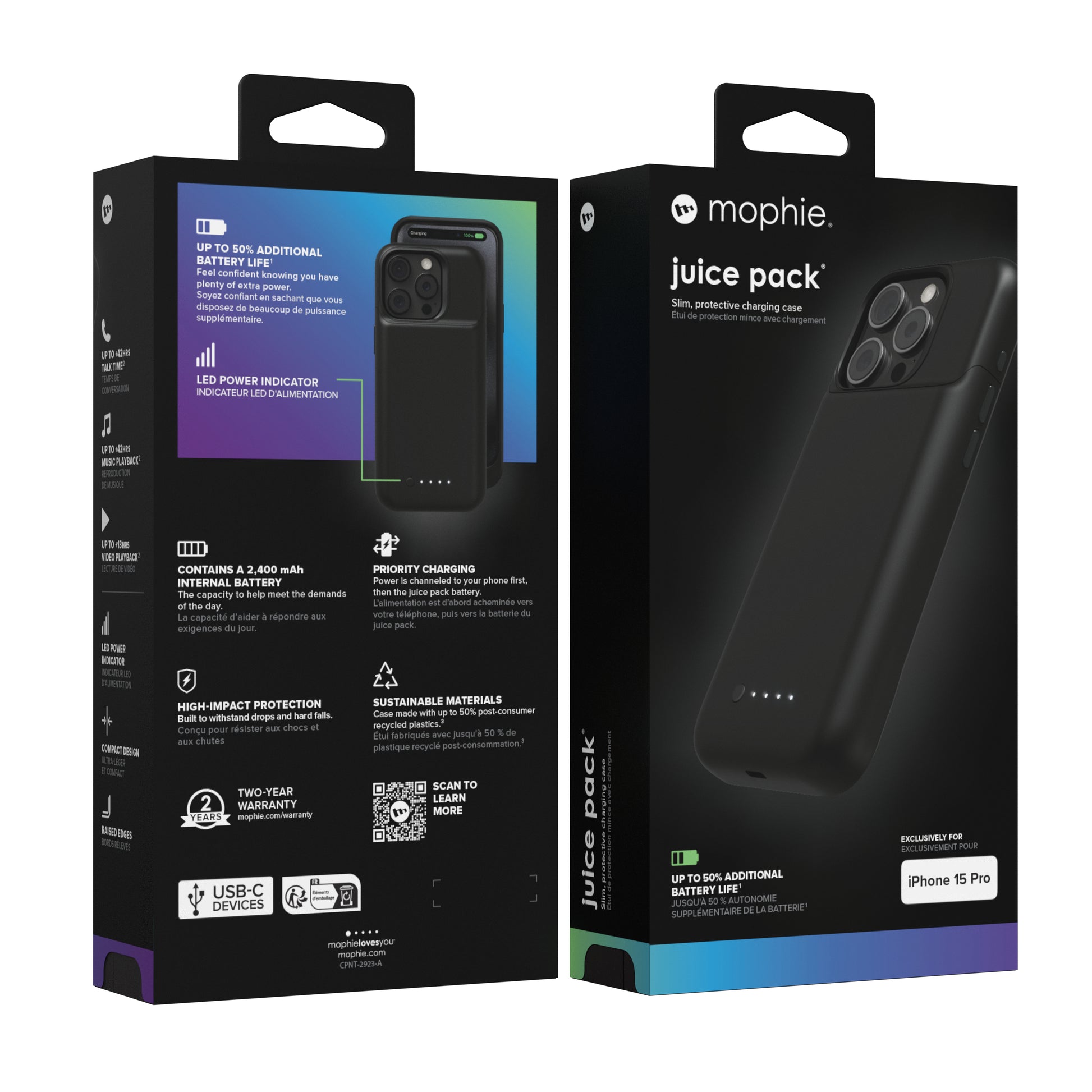 mophie Juice Pack – Power-Case (mit Akku) – für Apple iPhone 15 Pro, Recycling-Kunststoff, Schwarz, 2400 mAh