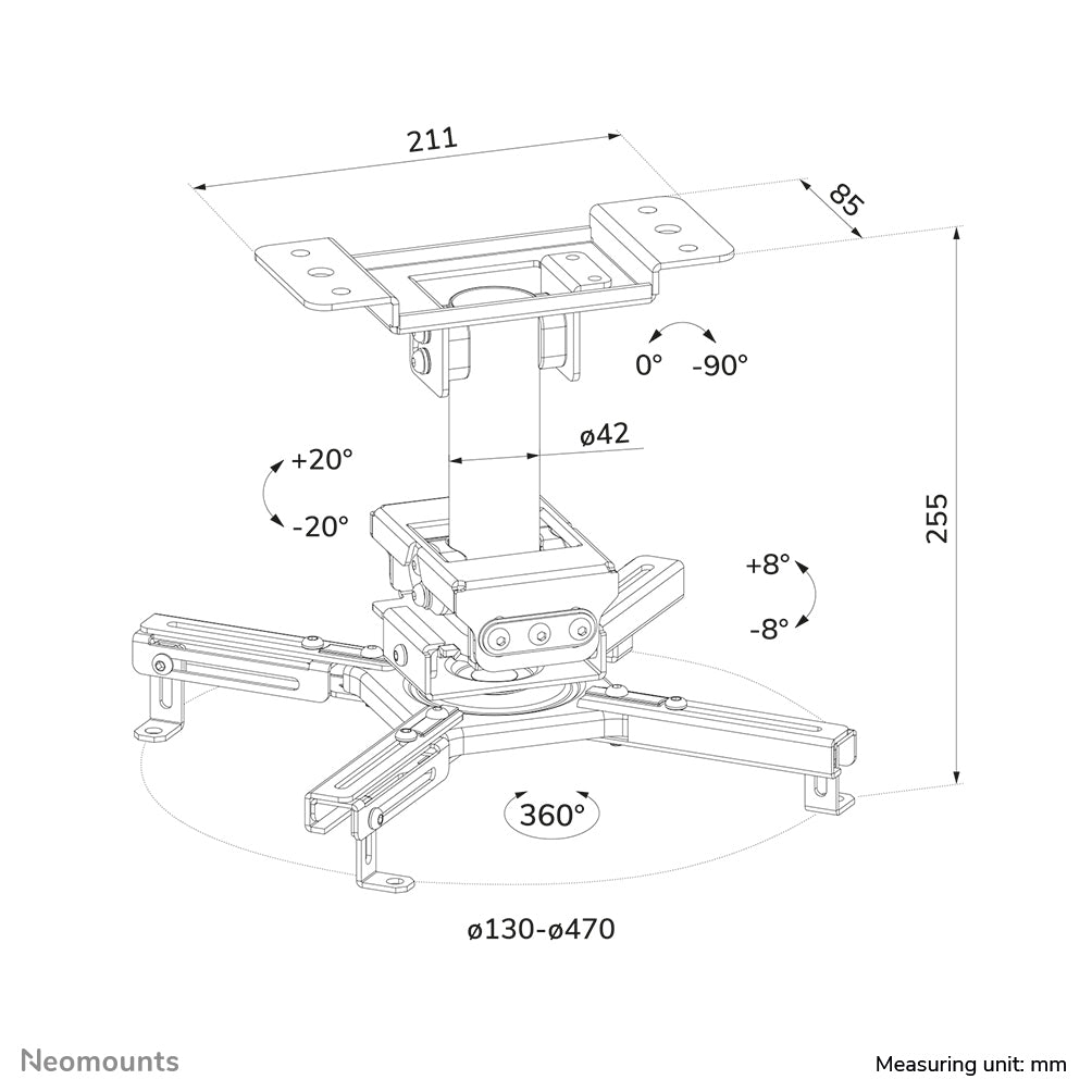 Neomounts CL25-530WH1 – Beamer Deckenhalterung, H 25,5 cm, 45 kg, schwenk-/neigbar, 360°, weiss