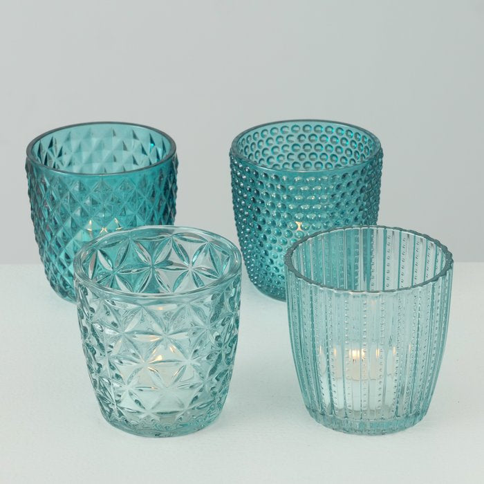 Boltze Windlicht – Glas, petrol – Ø 7,5 × 7,5 cm – 4-teilig