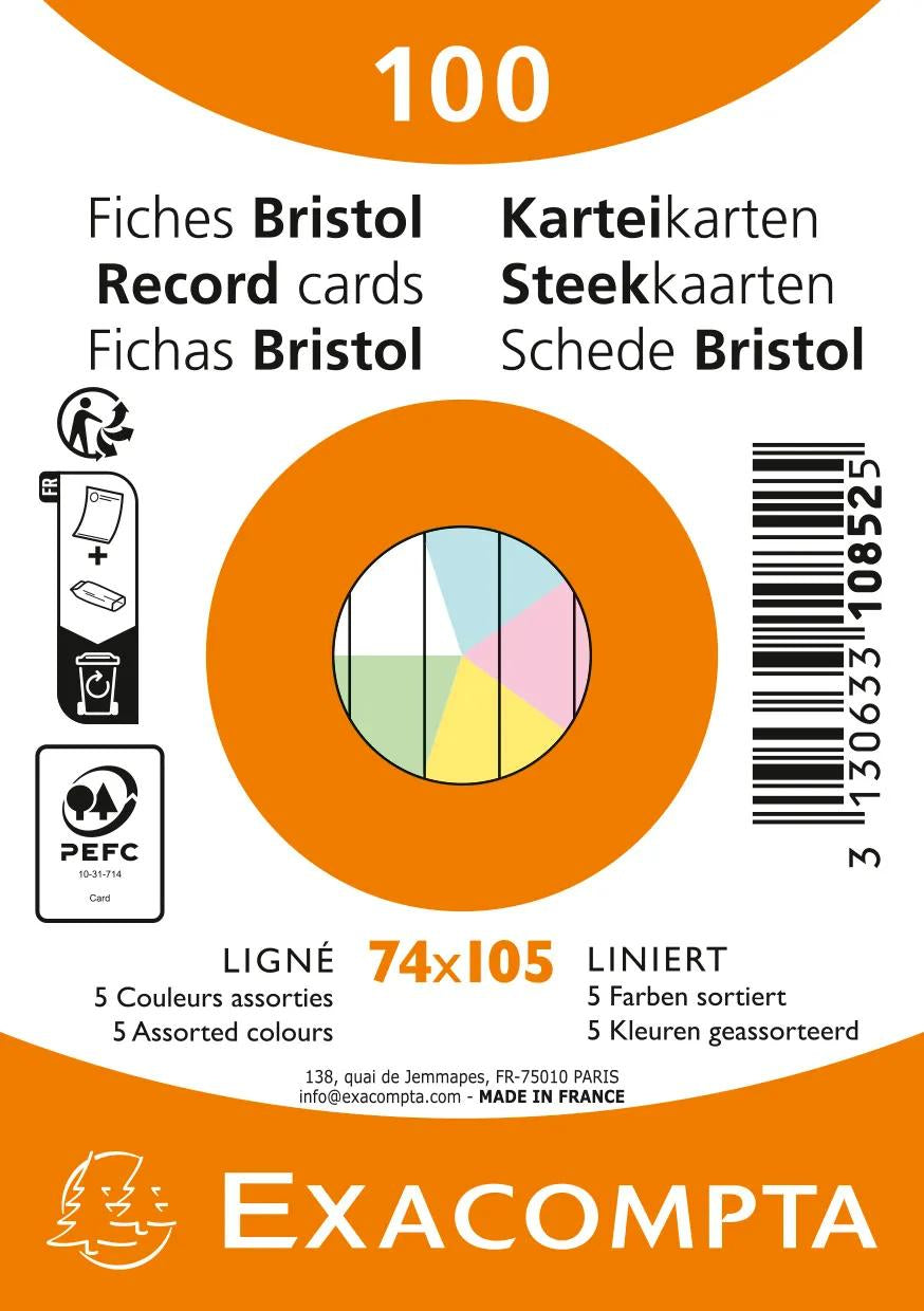 Exacompta Karteikarte A7 Querformat, Liniert, Mehrfarbig, 205 g/m², Karteikarton – 100 Stück