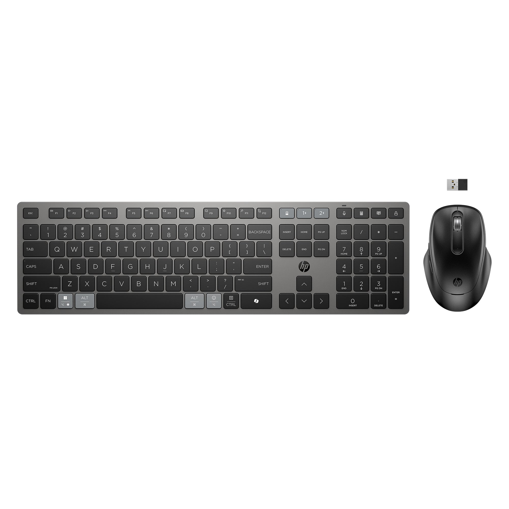 HP 725 – Tastatur, kabellos (Bluetooth/2,4 GHz), Fullsize (mit Ziffernblock), Scissor, Multi-Device, aufladbar
