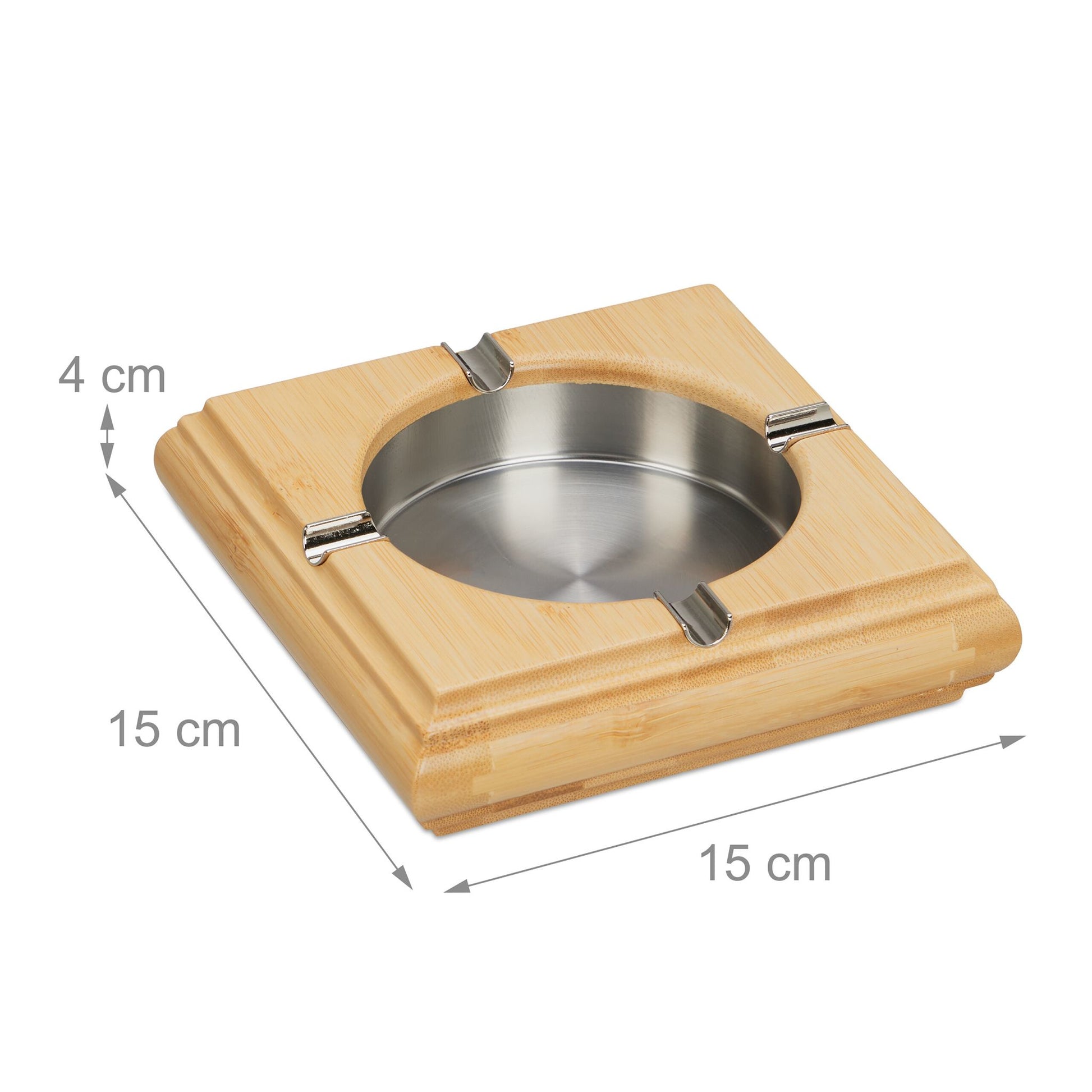 Relaxdays Aschenbecher – 15 × 15 × 4 cm, Bambus/Edelstahl, Braun/Silber