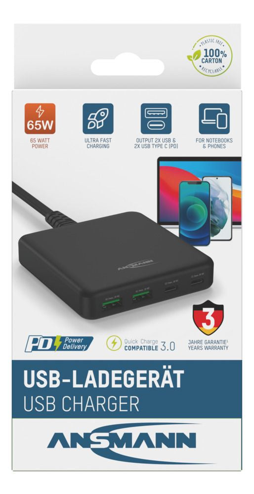 Ansmann DC465PD Netzteil – 65 W, 4× USB, PD, QC 3.0 – für Laptop, Smartphone