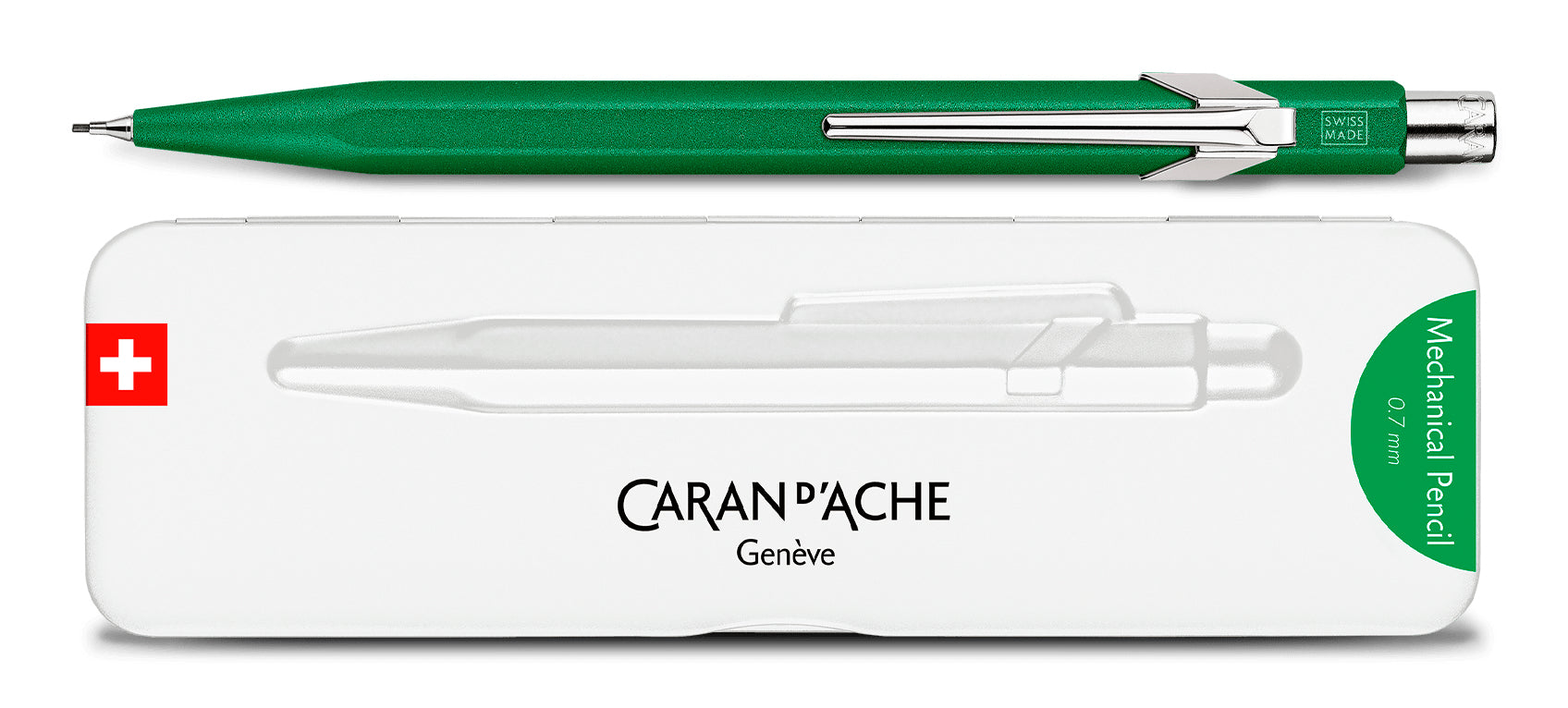 Caran d-Ache 849 Colormat-X Druckbleistift – 0,7 mm – Aluminium – Grün – mit Radierer – 1er-Pack