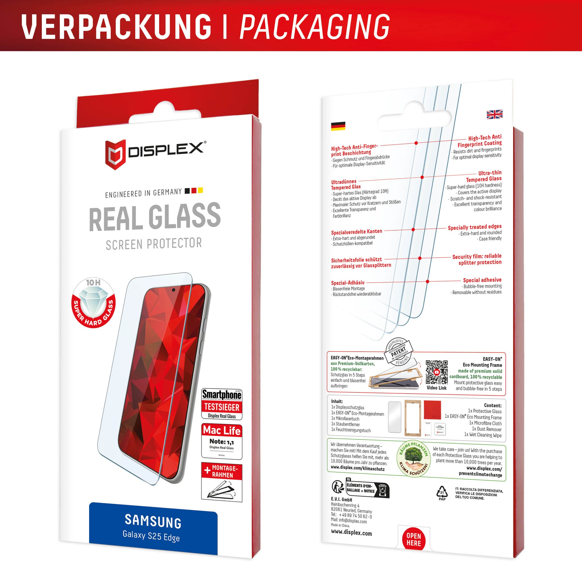 Displex Displayschutz (Panzerglas), 10H – für Galaxy S25 Edge – mit Applikator