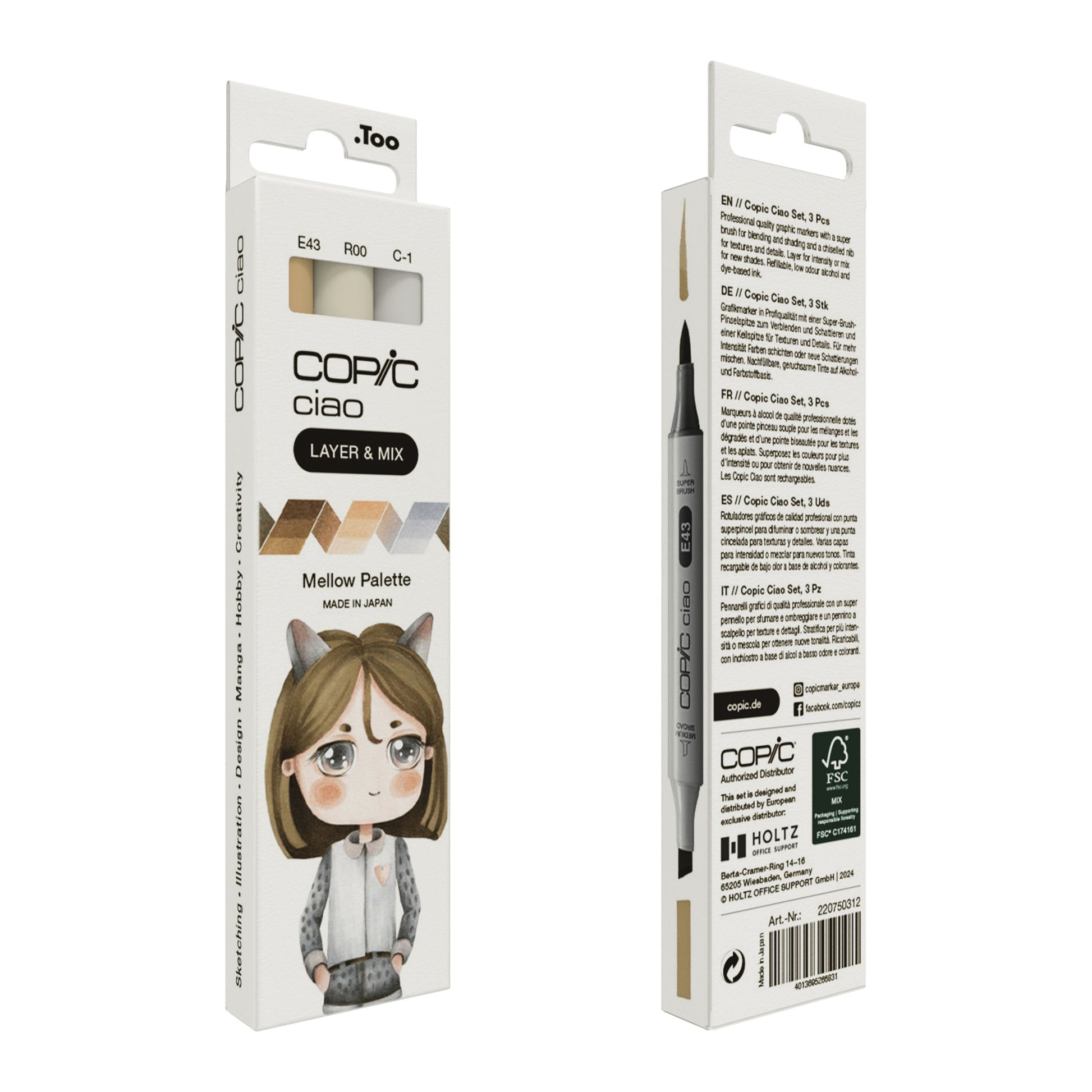 Copic Ciao Pinselstift, Doppelspitze, Meissel- und Pinselspitze – alkoholbasiert, 3 Farben