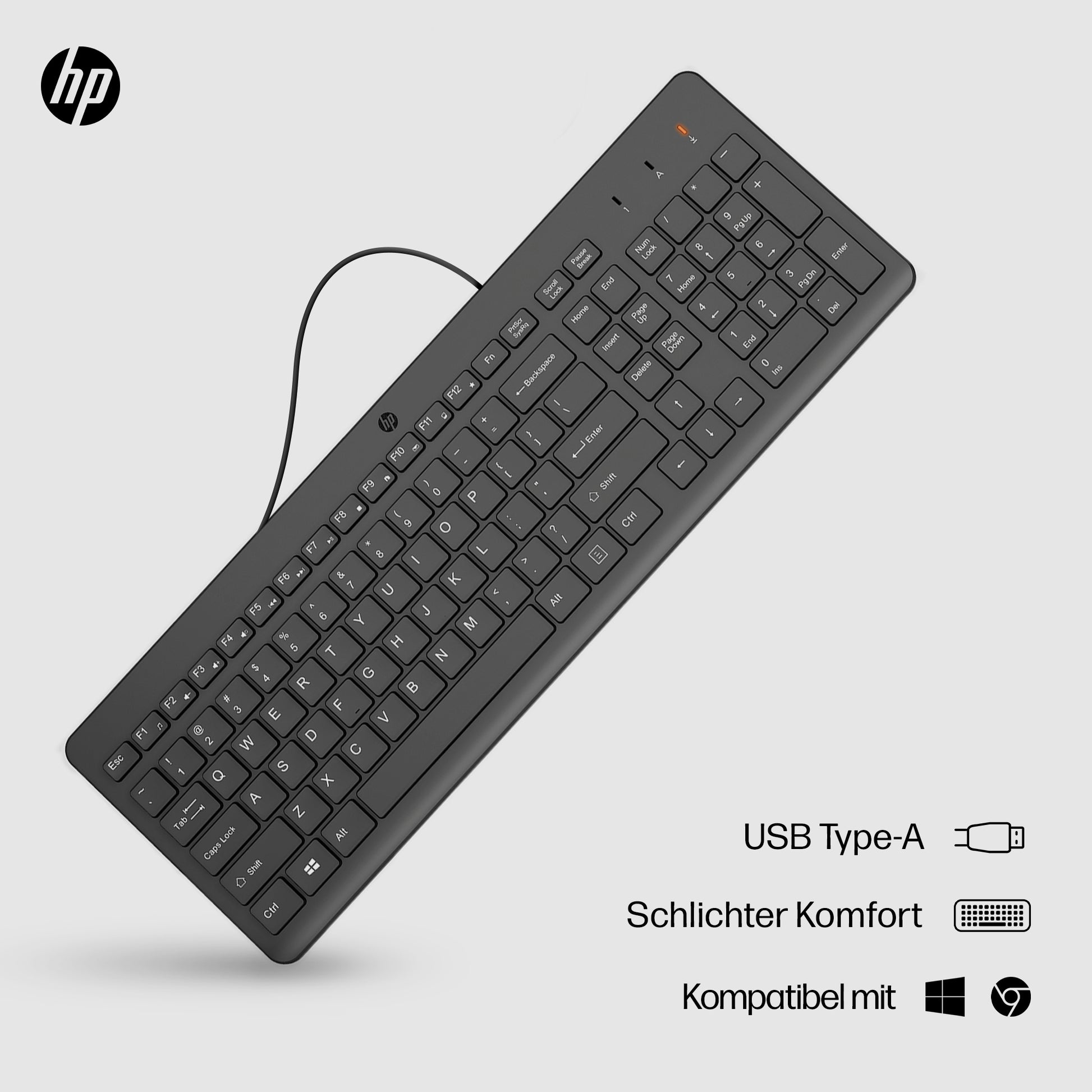 HP 150 – Tastatur – kabelgebunden, USB-A – schwarz – für PCs mit USB-A-Anschluss