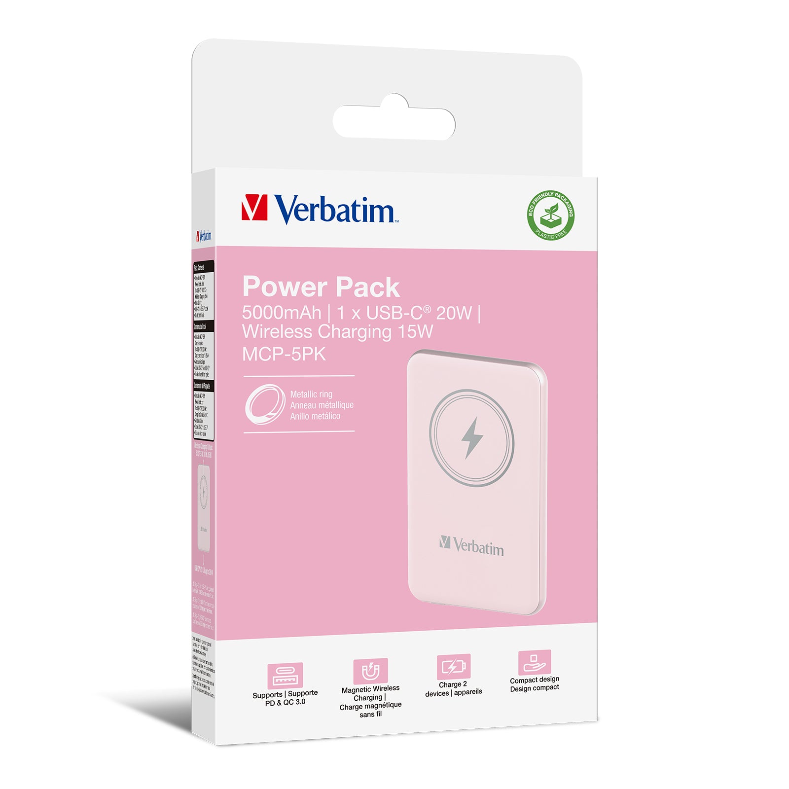 Verbatim Charge 'n' Go Magnetische MagSafe Powerbank 5'000 mAh – 20 W PD, Kabellos 15 W, 1× USB-C, pink