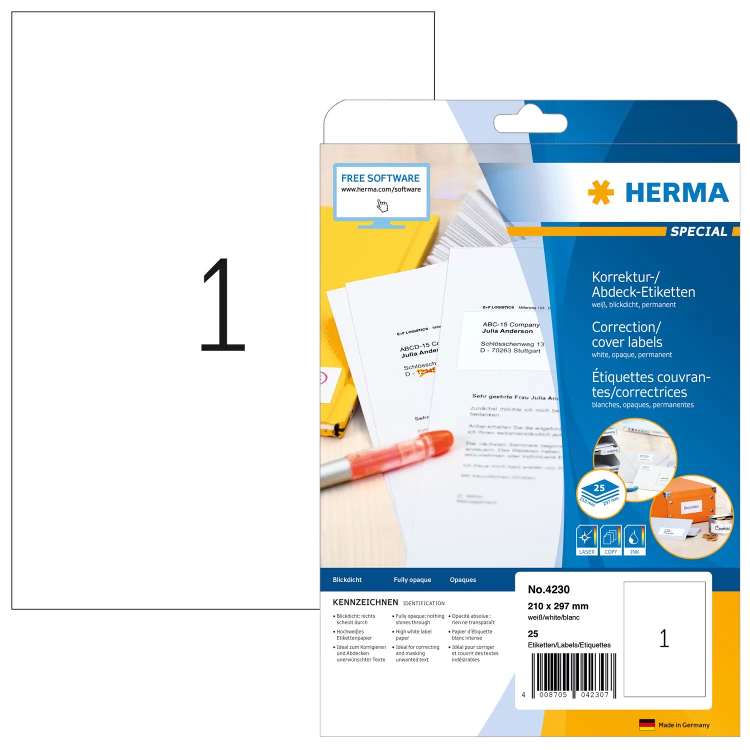 HERMA Druckeretiketten, 210 mm × 297 mm, weiss, Papier, permanent, 25 Blatt