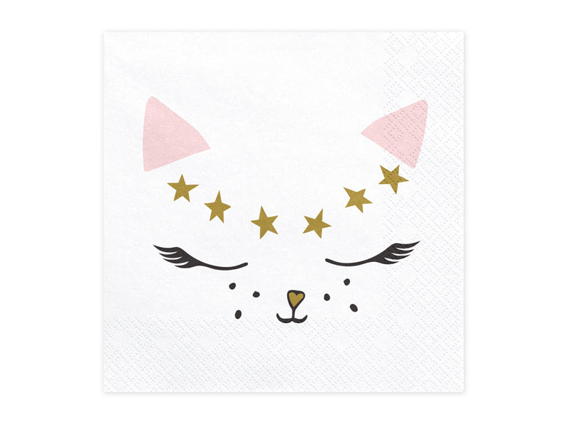 PartyDeco Servietten Katze, weiss, 33 × 33 cm – 20 Stk.