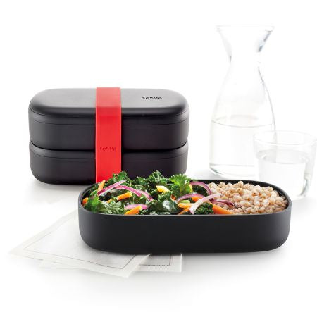 Lékué Lunchbox – 1 l, 10,0 × 19,2 × 11,0 cm, Kunststoff (PP), Schwarz, mikrowellengeeignet, mit Besteck