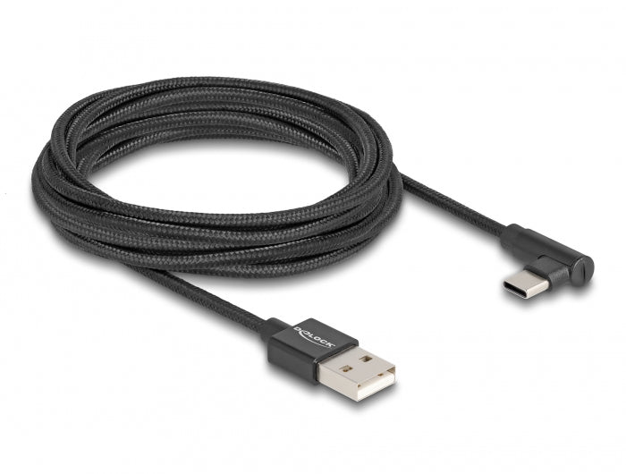 DeLOCK USB-A auf USB-C Kabel – USB 2.0 (480 Mbit/s) – 3 m – Abgewinkelt, Textilmantel – Schwarz
