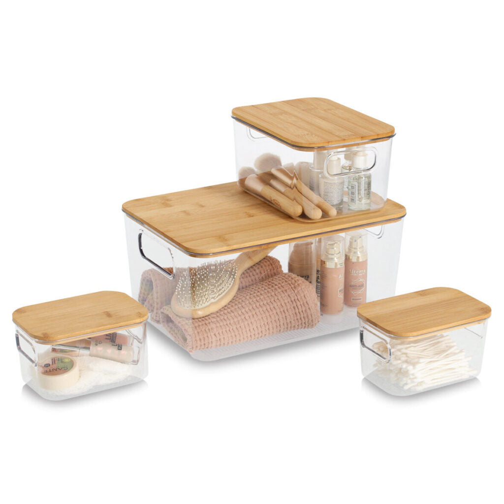 Zeller Present Aufbewahrungsbox (mit Deckel) – Kunststoff/Bambus – transparent/braun – 4-teiliges Set