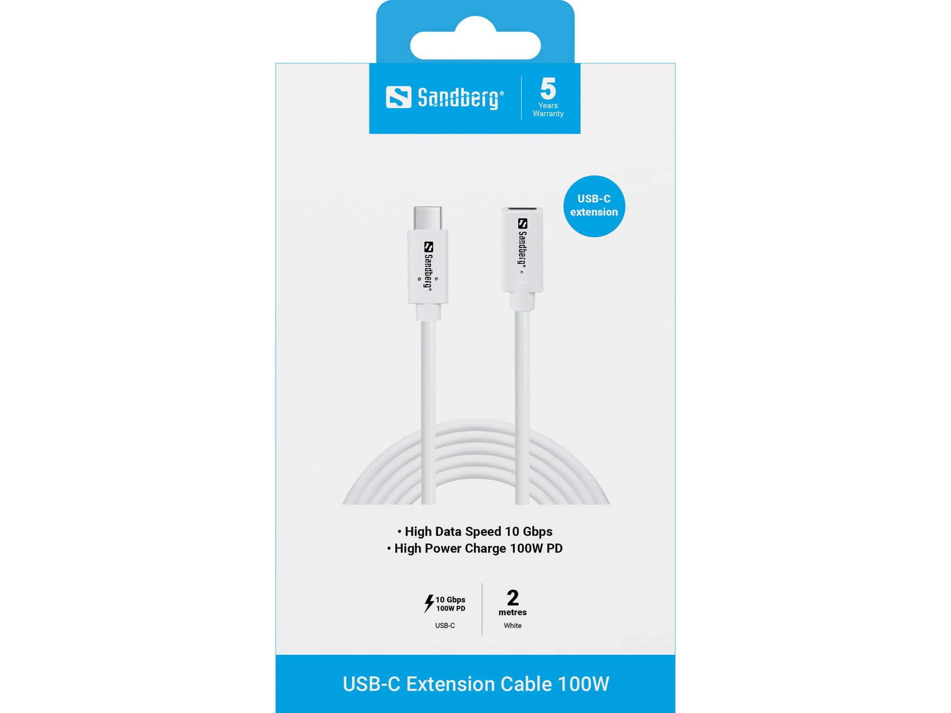 Sandberg USB-C Verlängerungskabel (Stecker auf Buchse) – USB 3.2 Gen 2 (10 Gbit/s) – 2 m – PD 100 W – Weiss
