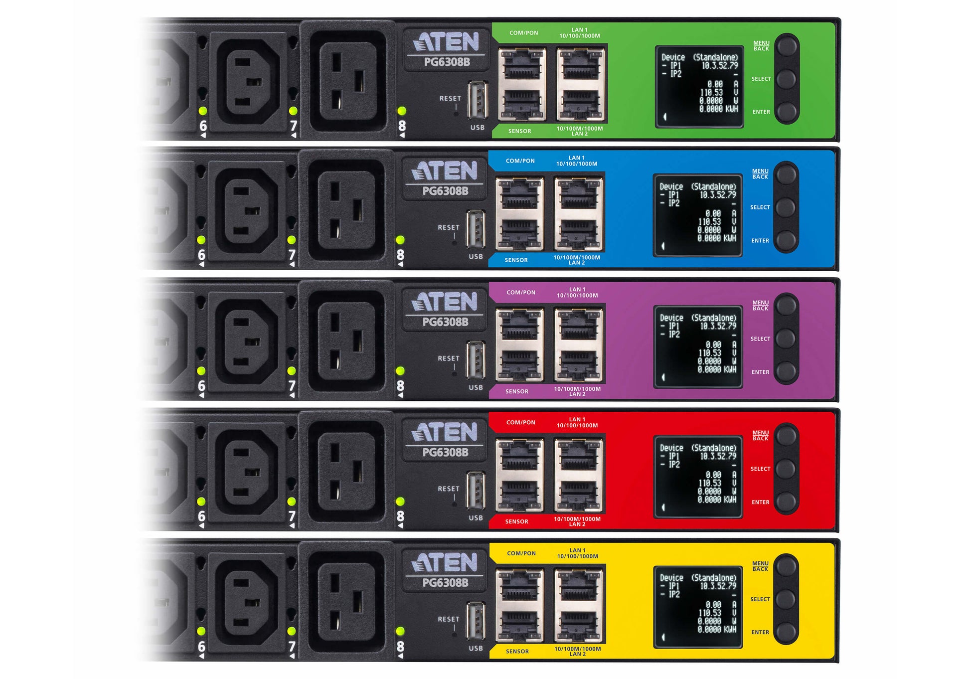 ATEN PG6308G – Intelligente PDU – 19" Rack, 1U, 8×AC (6×C13, 2×C19), LCD, 2×RJ45, Schwarz
