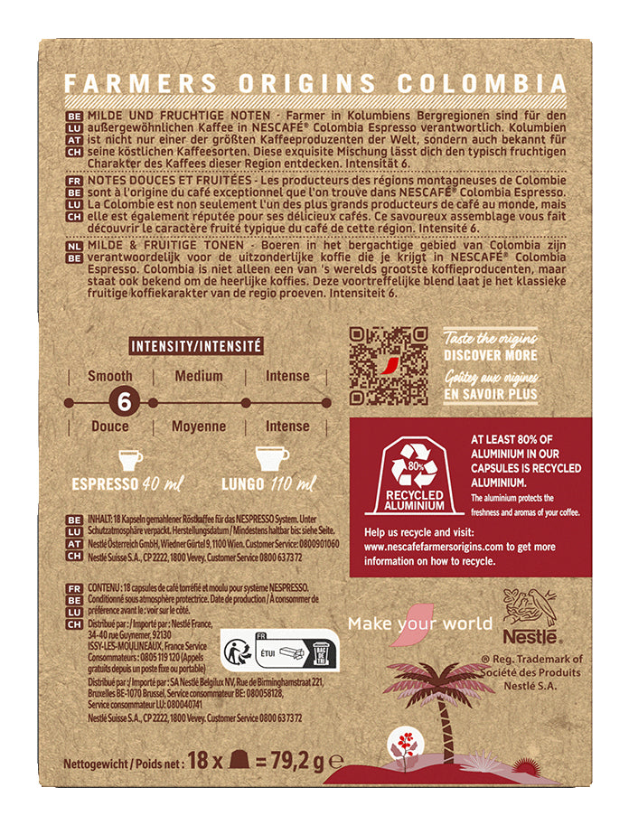 Nescafé Farmers Origins Colombia – Kapseln für Nespresso – Espresso, Intensität 6, 18 Kapseln