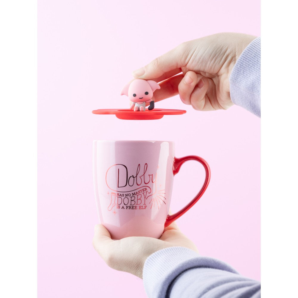 Grupo Erik Harry Potter Dobby Tasse – 350 ml, Ø 8,5 cm, Keramik/Silikon, Pink, mit Deckel