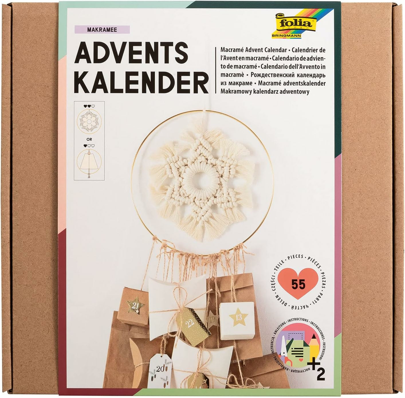 Folia Adventskalender-Set Makramee – 6 Kraftpapiertüten, Holzring, 15 m Jutekordel – 250 × 250 × 25 mm