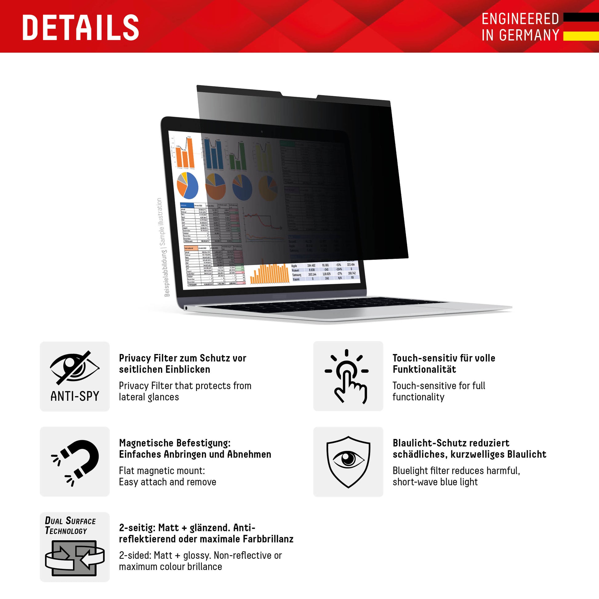 E.V.I. Magnetischer Blickschutzfilter für Apple MacBook Air 15" – 336 × 220 mm, rahmenlos