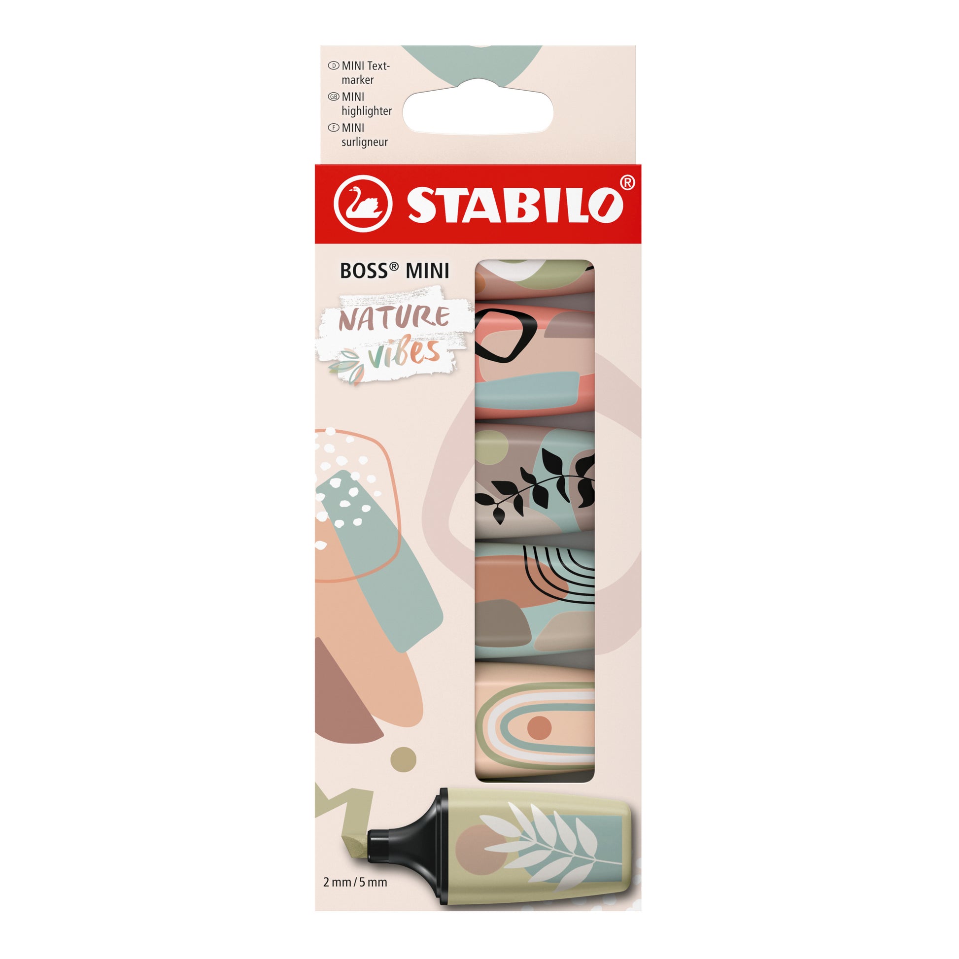 STABILO BOSS Naturevibes Mini Textmarker – 6er Set, Farben sortiert, Keilspitze 2–5 mm