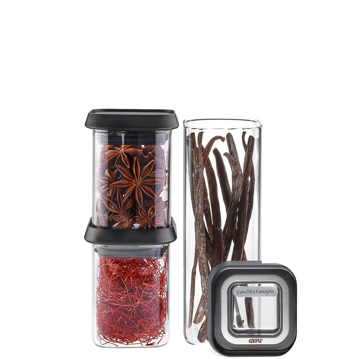 GEFU PANTRY Mini – Vorratsdose 180 ml, 180 ml, 400 ml, Glas (Borosilikat)/Kunststoff/Edelstahl, 3-teilig, tran