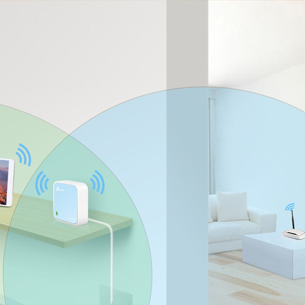 TP-Link TL-WR802N – Mini-WLAN-Router, Wi-Fi 4, 2,4 GHz, 300 Mbit/s, 1× Fast Ethernet, USB, Blau/Weiss