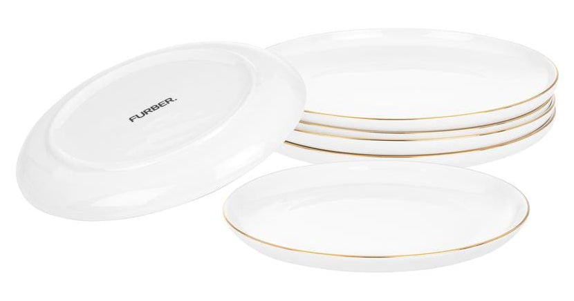 Furber. Furber Speiseteller – 6er Set, Ø 21 cm, Knochenporzellan, Weiss/Gold, spülmaschinenfest