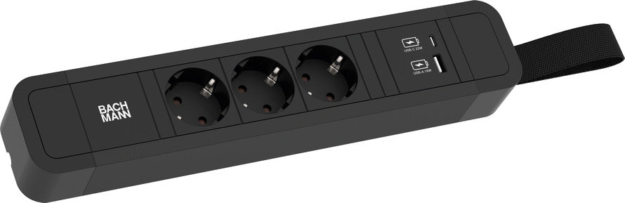 Bachmann PRIMO 2 Steckdosenleiste, 3×T13, 1×USB‑A + 1×USB‑C (22 W), ohne Schalter, 2 m – schwarz