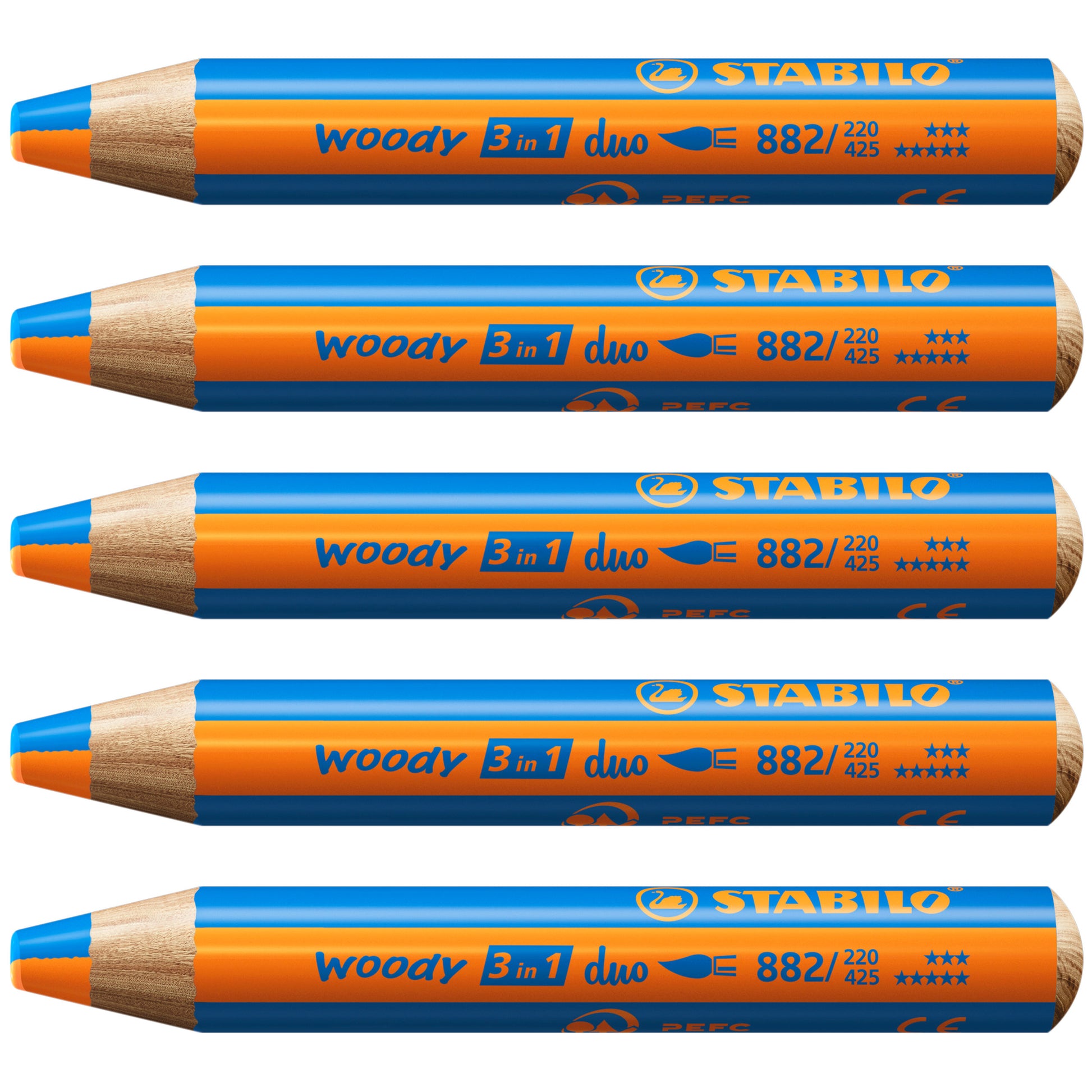STABILO Buntstifte woody 3 in 1 Duo – 3-in-1, Minen-Ø 10 mm, 5 Stifte, mit Spitzer