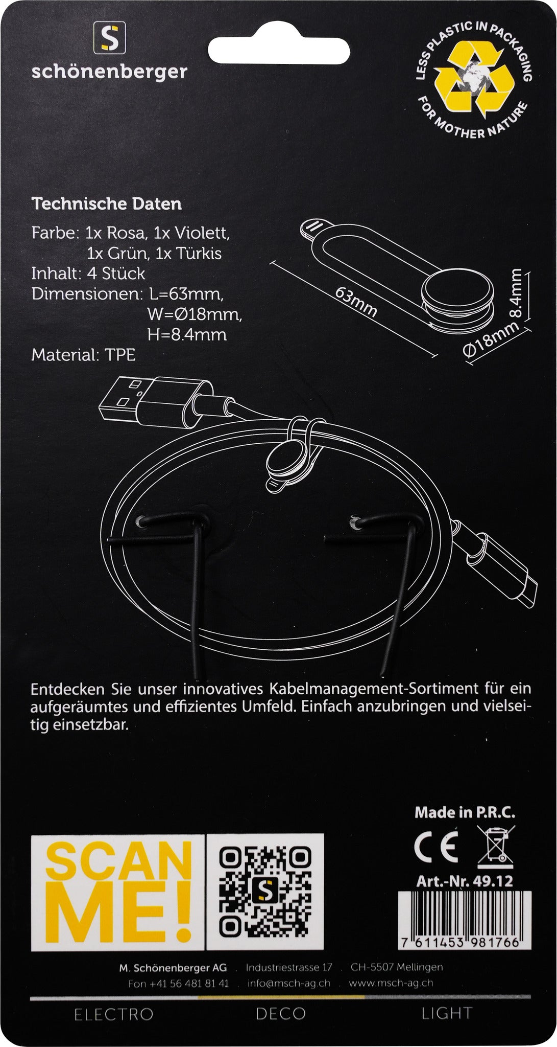 M. Schönenberger Schönenberger CableTie S – Kabelhalter, mehrfarbig, 4 Stück