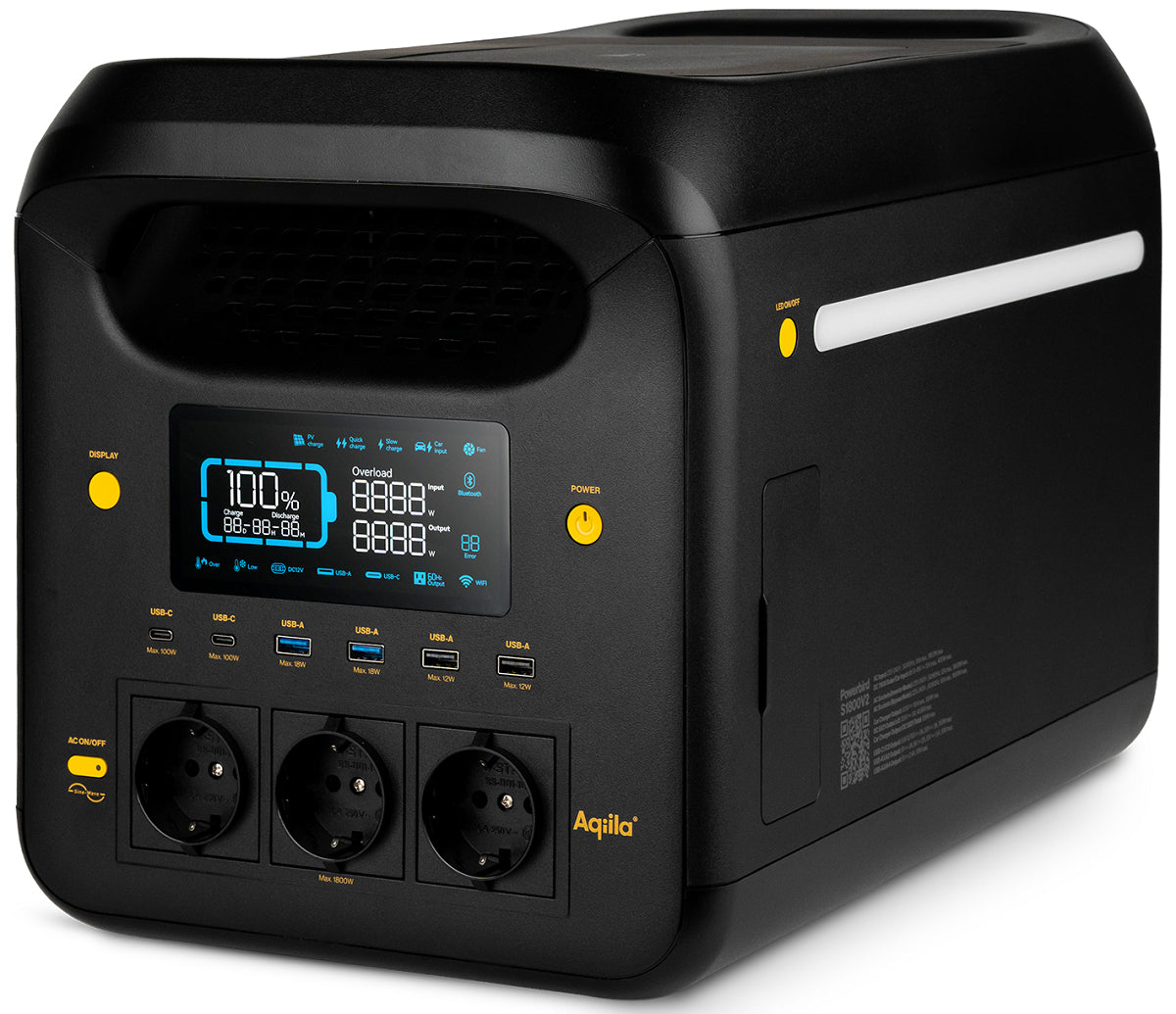 Aqiila Powerbird S1800 – Powerstation, 1'229 Wh, 3'000 W AC, LiFePO4, 3× Schuko (Typ F), Räder, LCD
