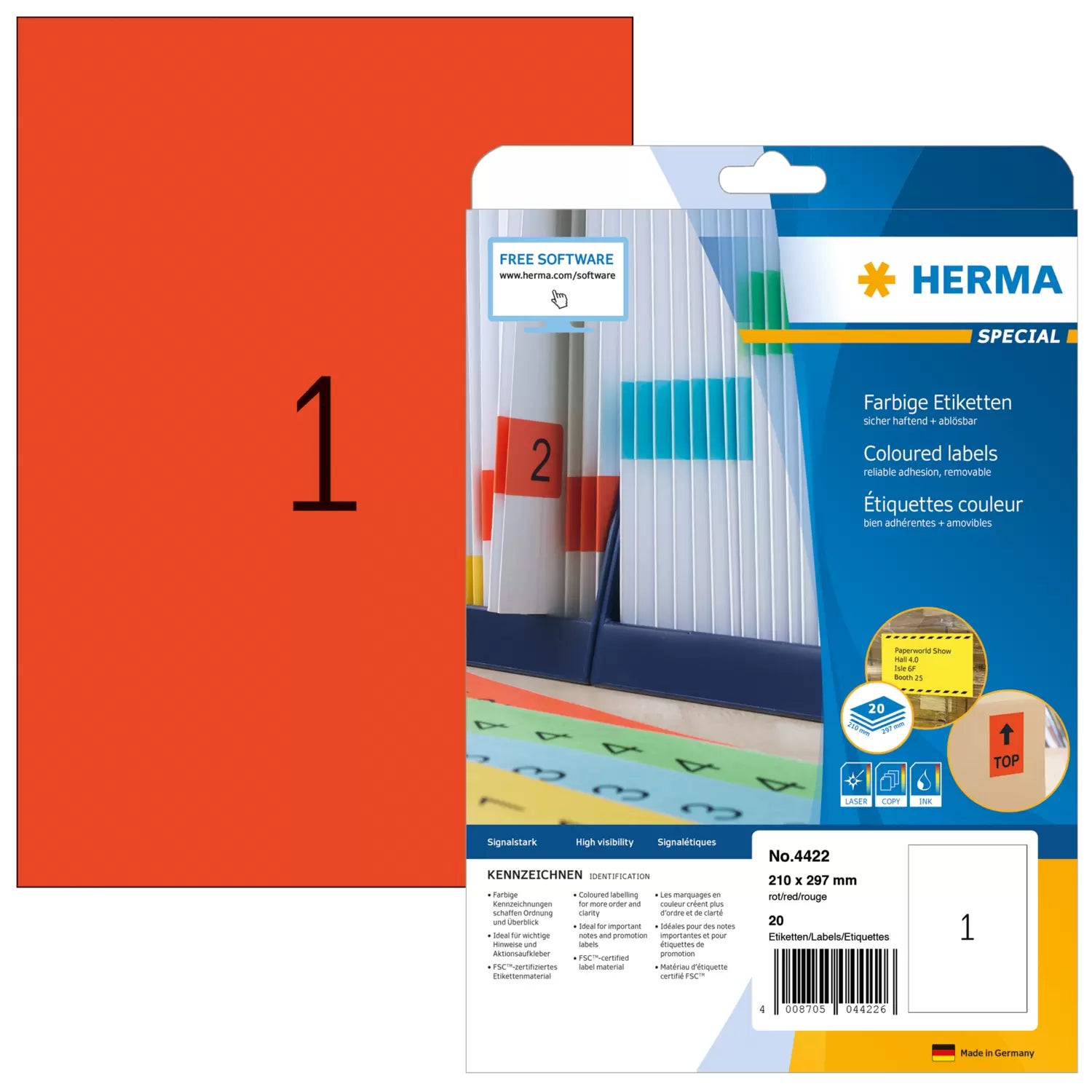 HERMA Druckeretiketten, 210 mm × 297 mm, rot, Papier, wiederablösbar, 20 Blätter