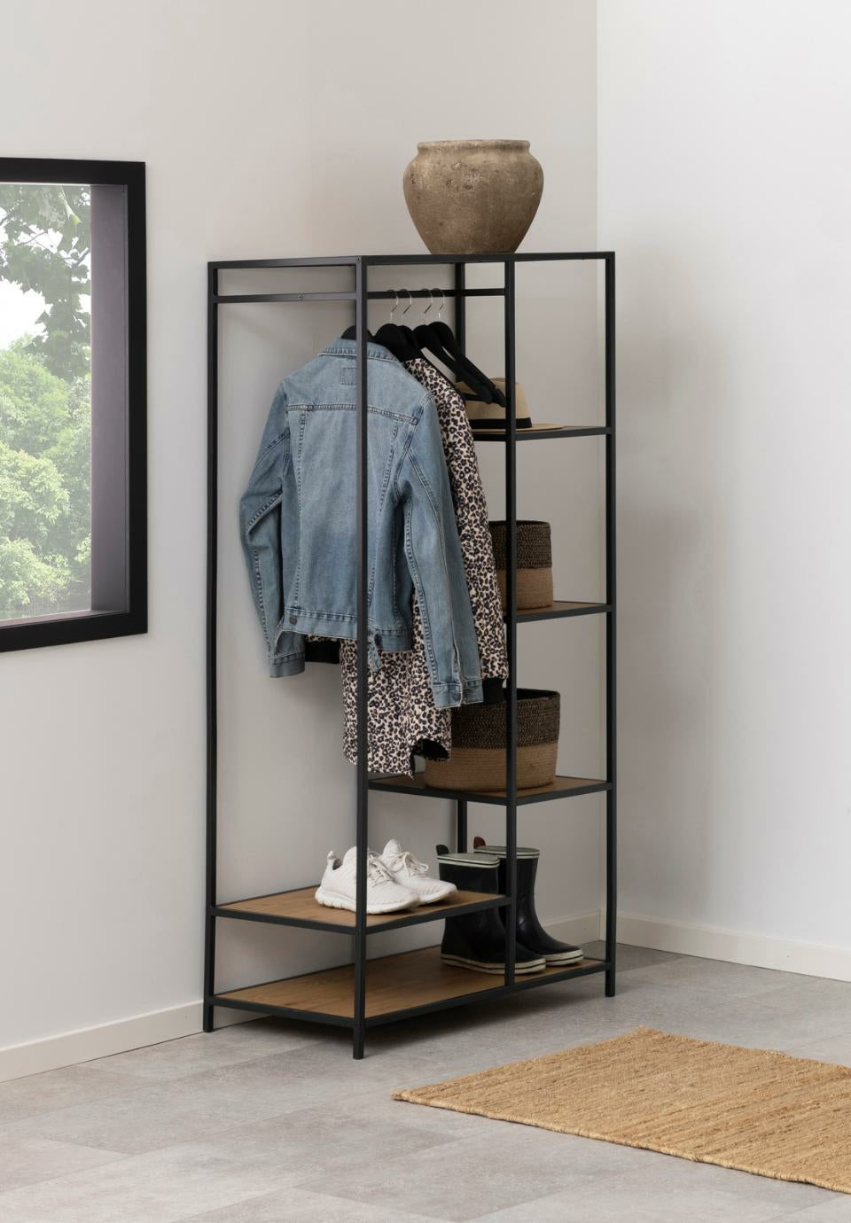 Actona Garderobe mit Schuhregal – MDF/Holz, Schwarz/Eiche, 5 Regale, 77 × 45 × 165 cm