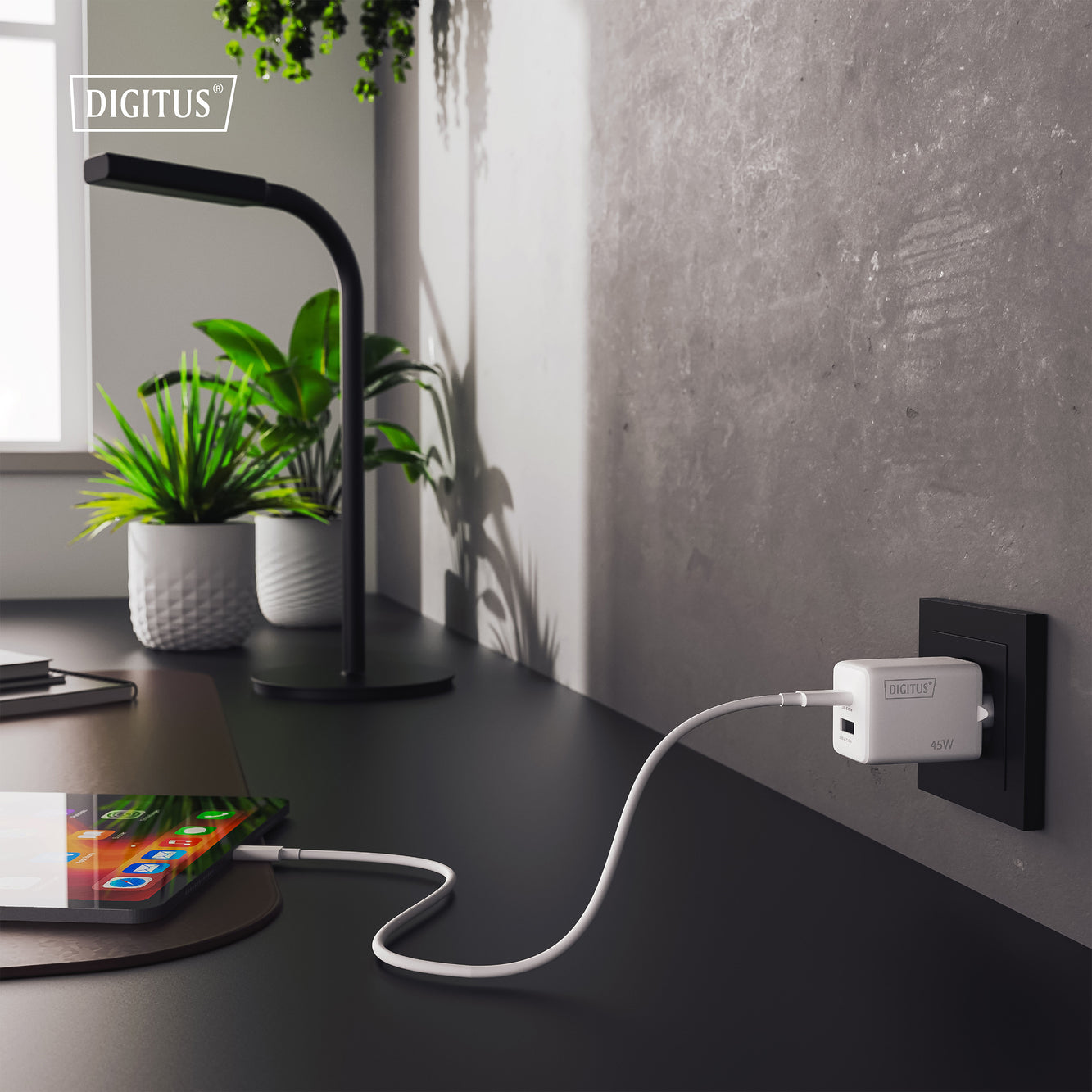 Digitus USB-Wandladegerät 45 W – USB-C×1, USB-A×1 – GaN – Weiss