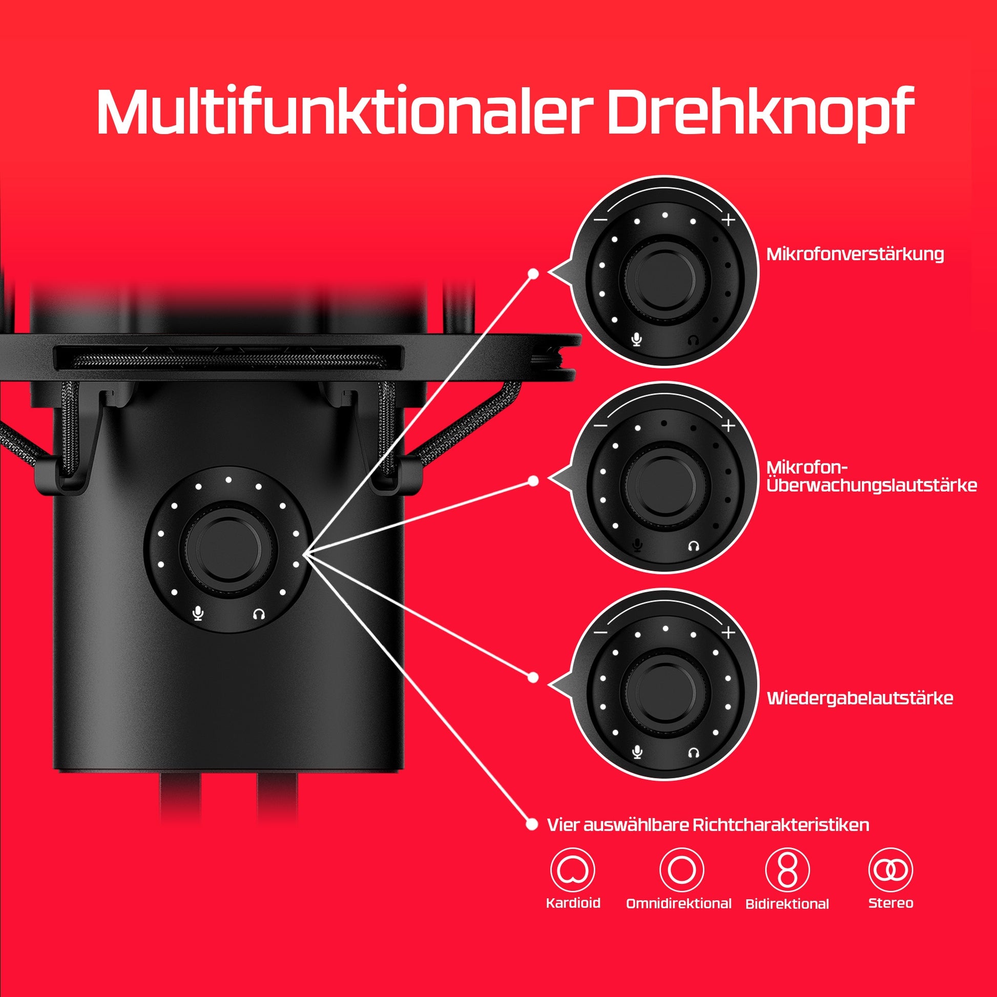 HyperX QuadCast 2 Tischmikrofon – USB-A/3,5 mm Klinke, Niere, 24 Bit/96 kHz – Schwarz