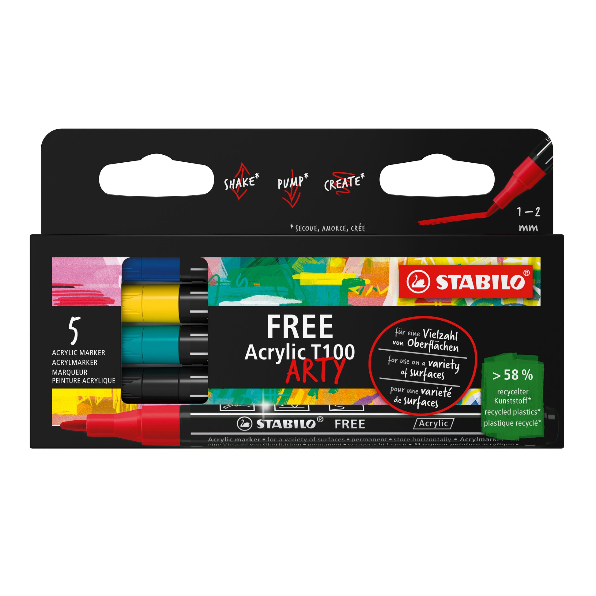 STABILO FREE T100 Acrylmarker – Rundspitze 1–2 mm – 5er-Set (Royal), für Glas