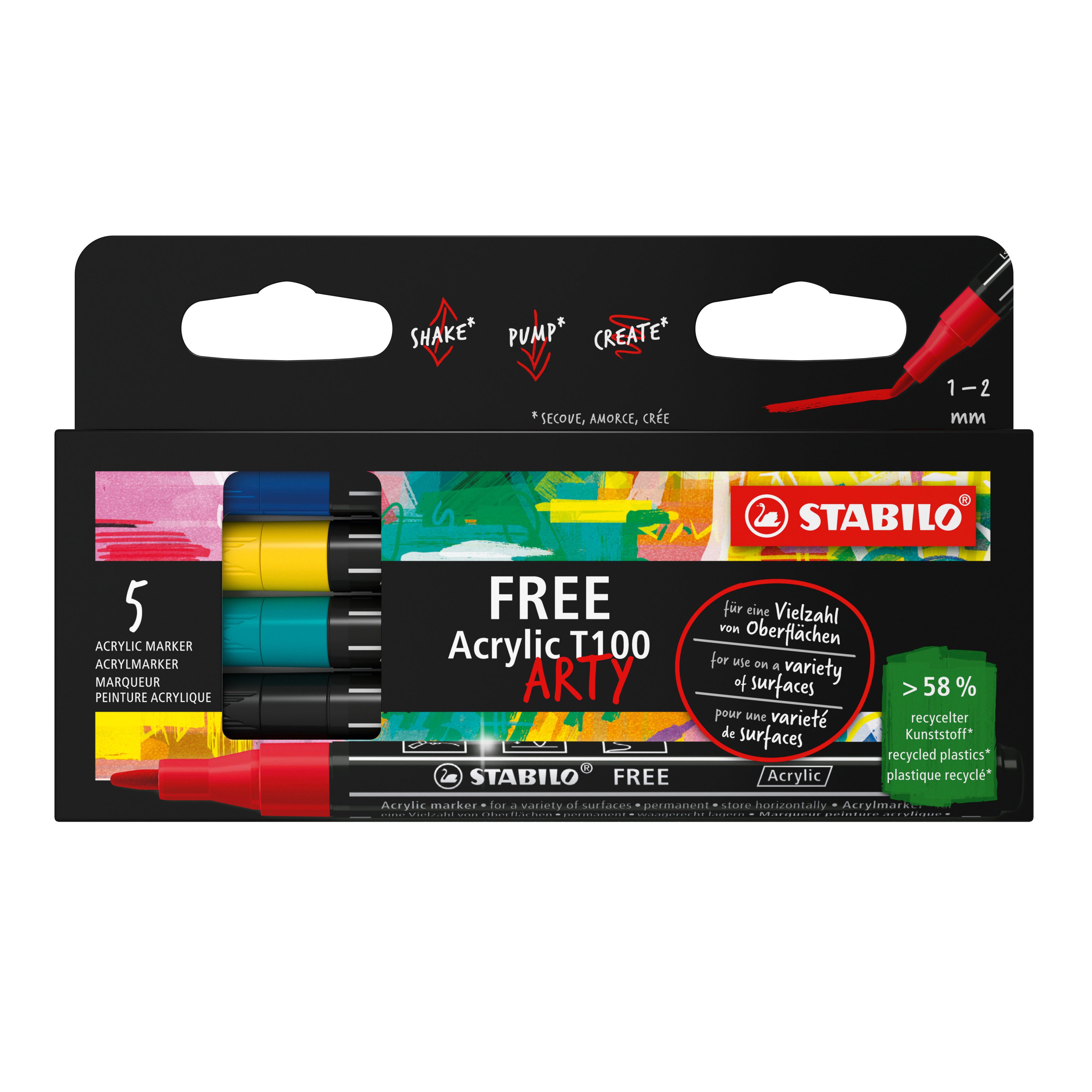 STABILO FREE T100 Acrylmarker – Rundspitze 1–2 mm – 5er-Set (Royal), für Glas