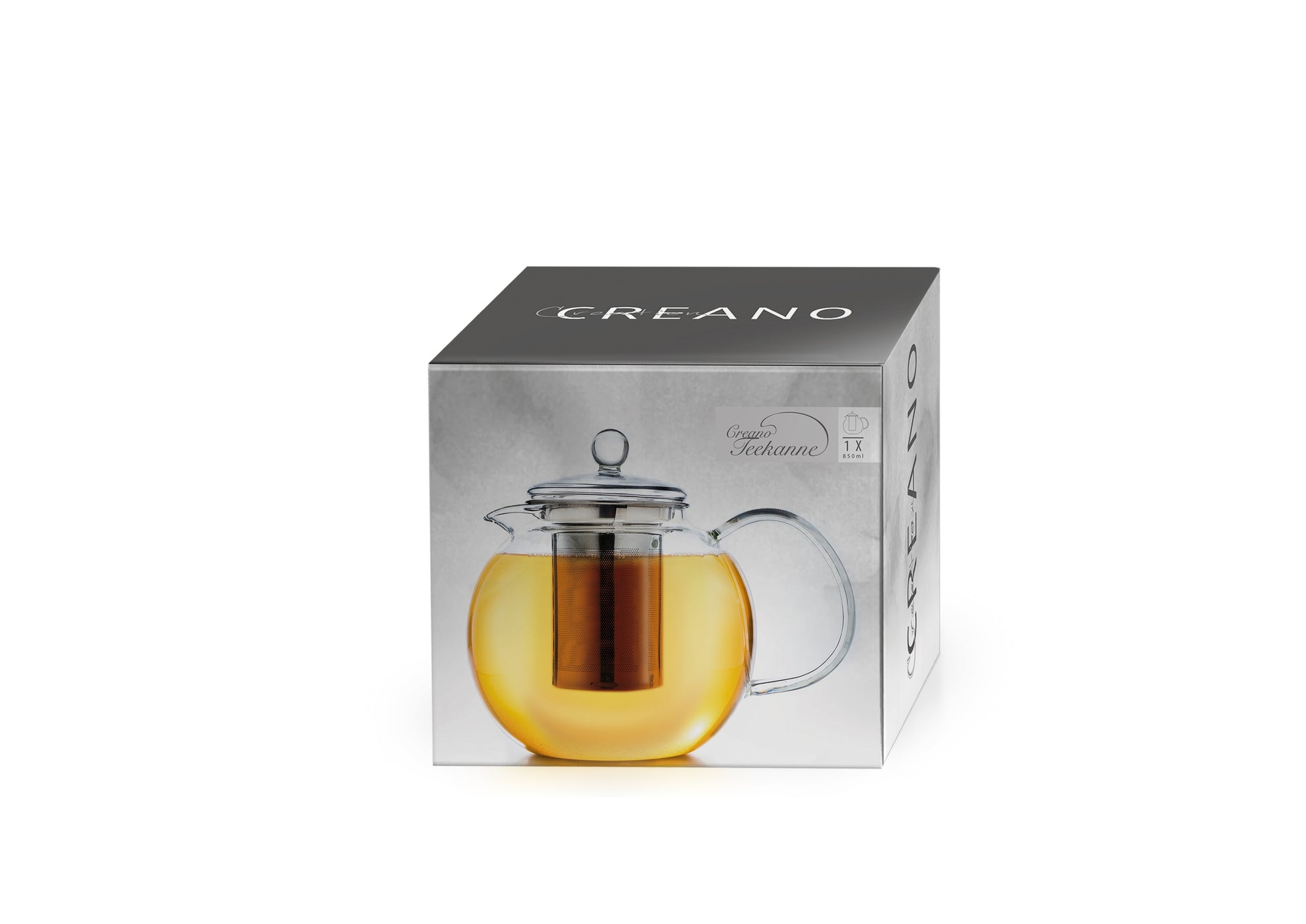 Creano Teekanne – 850 ml, Borosilikatglas/Edelstahl, transparent, mit Edelstahlfilter, spülmaschinenfest