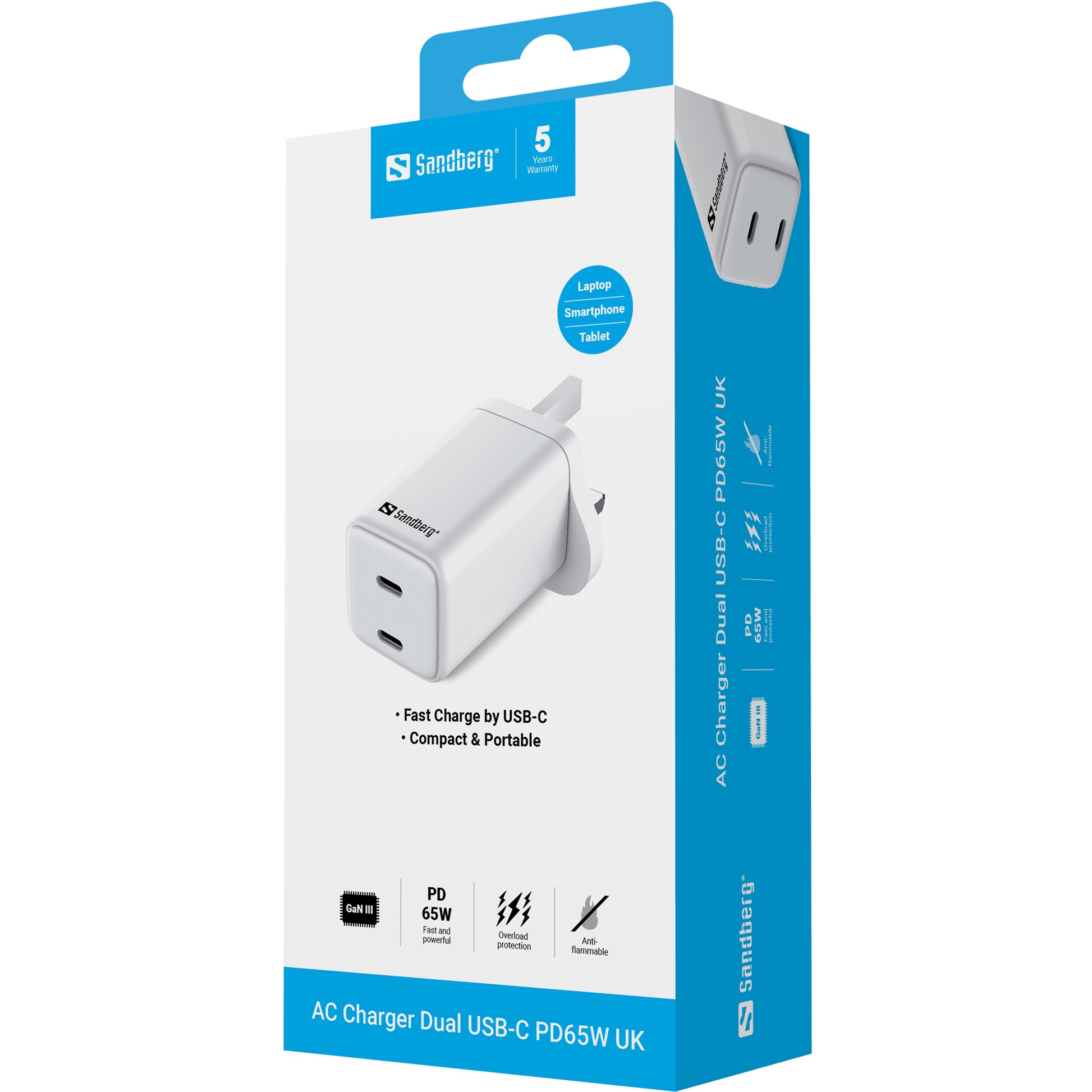 Sandberg 441-62 USB-Ladegerät 65 W – USB-C×2 – PD, PPS, GaN – UK-Stecker (Typ G) – Weiss
