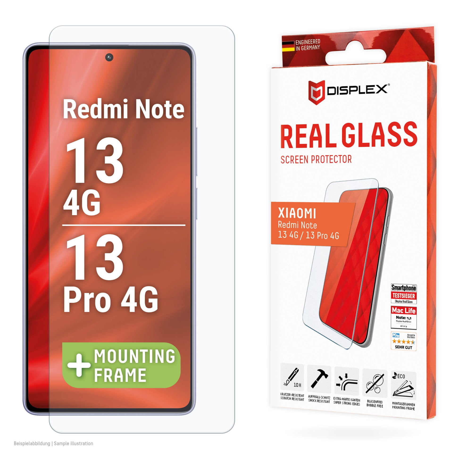 E.V.I. Displayschutz (Panzerglas), 10H – für Redmi Note 13/13 Pro 4G – mit Applikator
