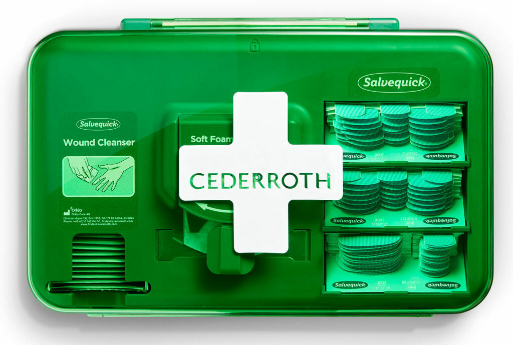 Cederroth Wundversorgungs-Spender – 40 Wundreinigungstücher, Soft-Foam 4,5 m, 2 detektierbare Pflaster