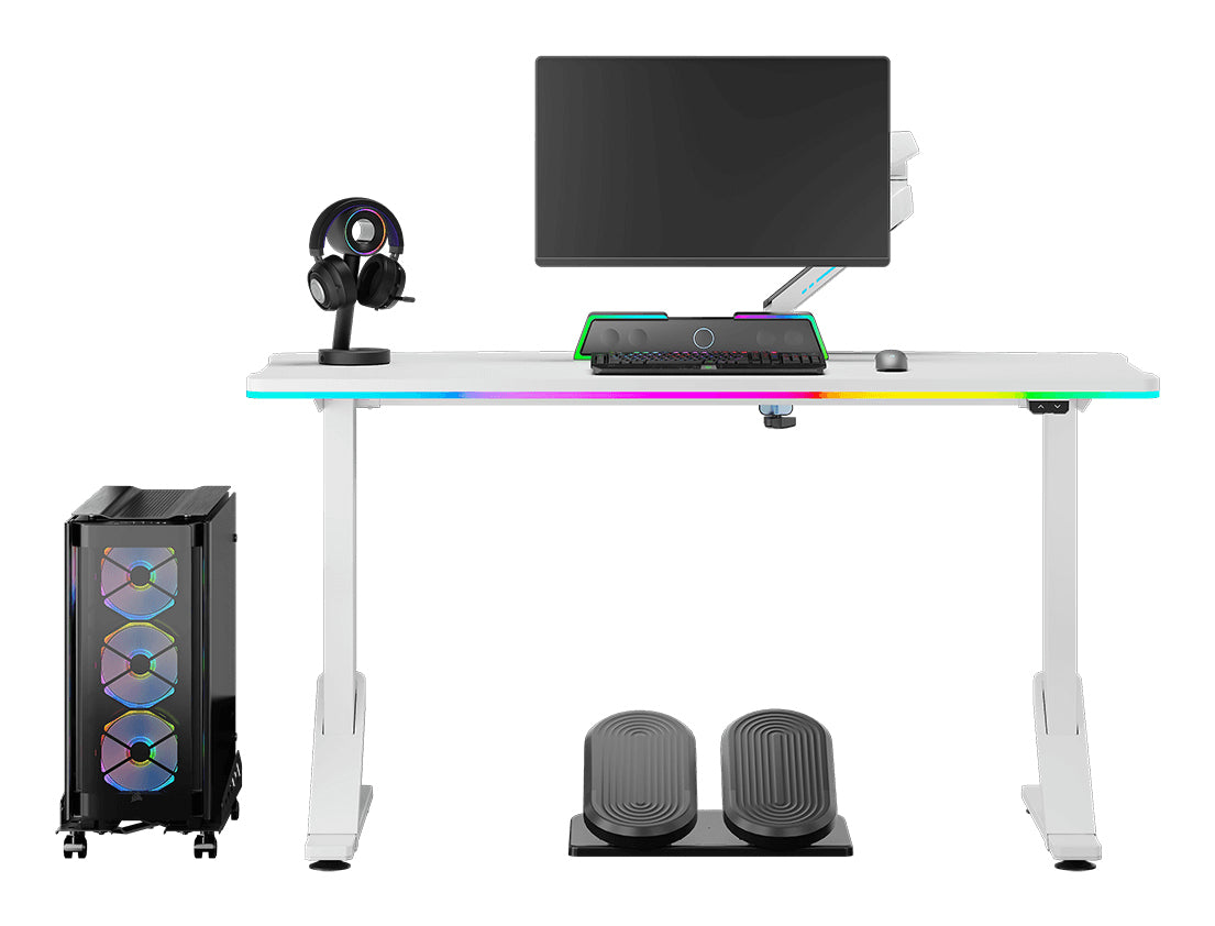 Ultradesk Iron Gaming-Tisch – 132,5 × 60,5 cm, höhenverstellbar, RGB-Beleuchtung, weiss, Stahl