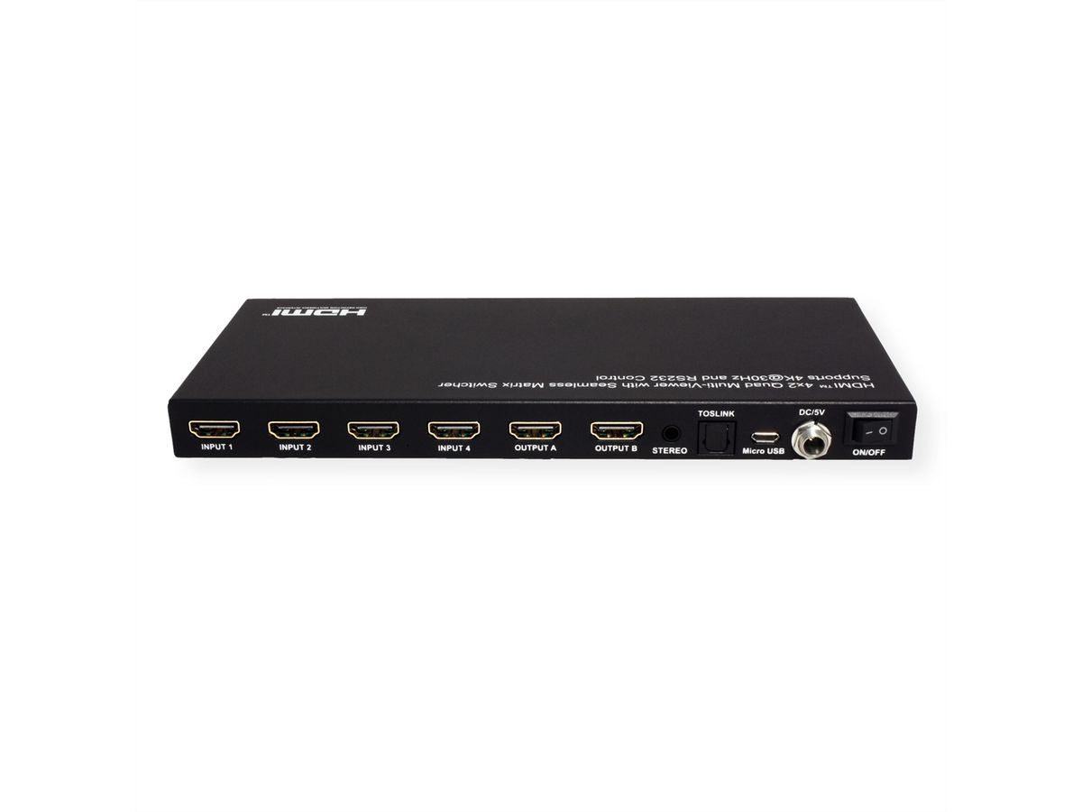VALUE HDMI Matrix 4×2, 4K@30 Hz, Quad Multi-Viewer, HDCP 1.4, RS-232/IR, Toslink/Stereo, Schwarz
